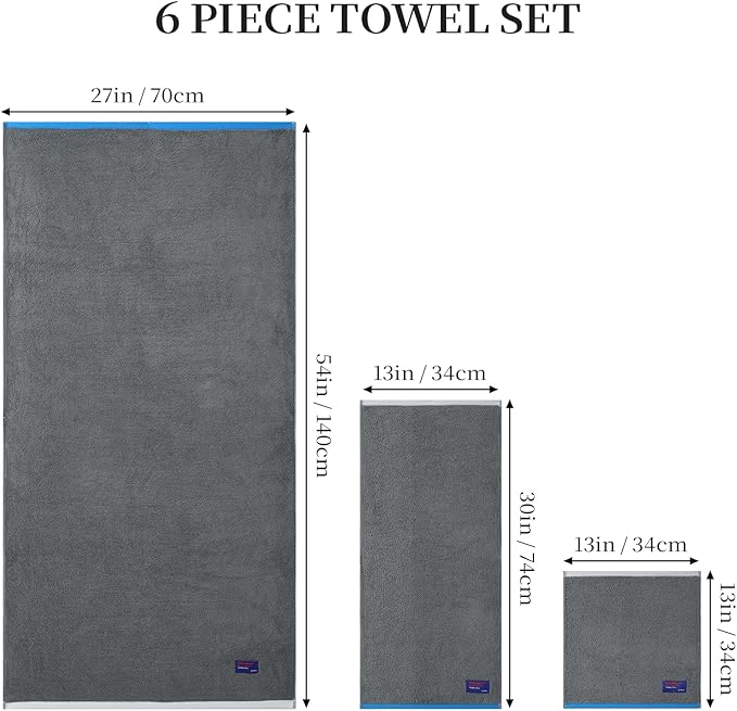REDKISS 6 Pack Cotton Towel Set with Luxury Embellished Border, 600 GSM Ultra Soft & Highly Absorbent Bath Towels Set with 2 Bath, 2 Hand, 2 Washcloths for Bathroom, Gym, Spa, Hotel, Light Grey