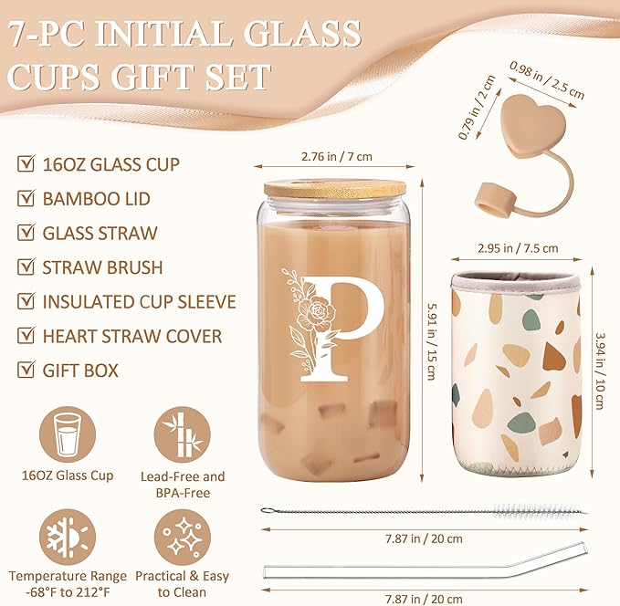 Personalized Gifts for Women, Monogrammed Gifts for Women, Initial 16 oz Glass Cups With Lids and Straws, Customized Mug, Personalized Birthday Gifts Christmas Gifts for Her Mom Friend Woman, P