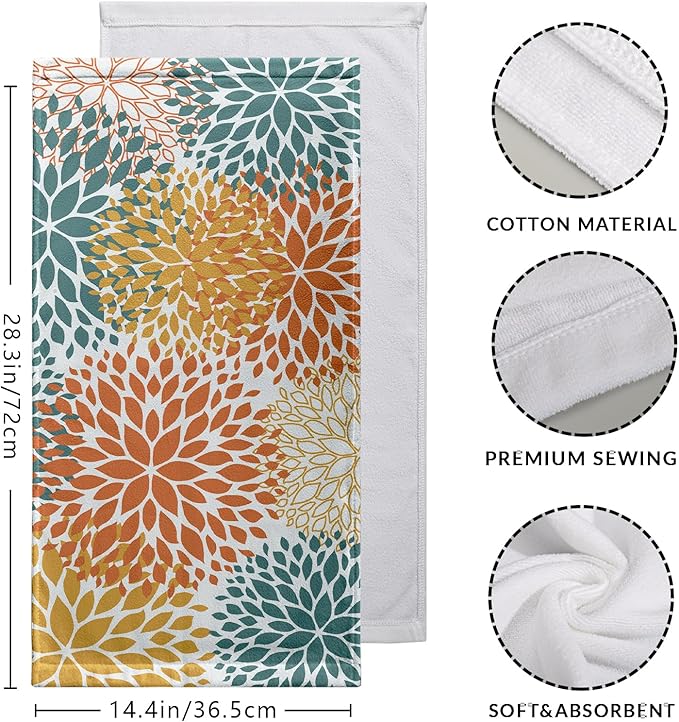 Dahlia Floral Hand Towel Set of 2 Orange and Yellow Teal Flower Kitchen Dish Towels Green Tea Towel Soft Washcloths Towel Set for Bathroom Gym Hotel Spa 28.3 x 14.4 Inch