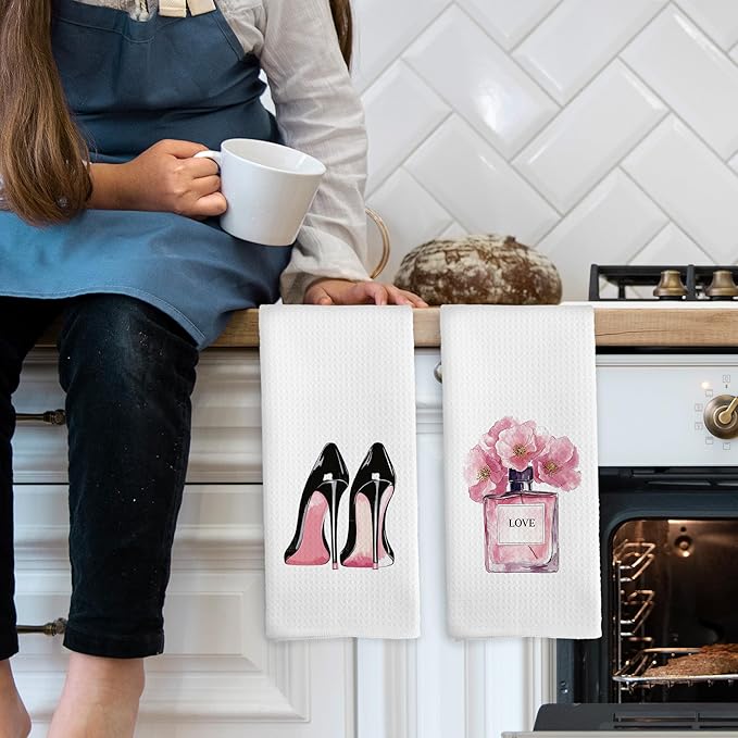 Girly Pink High Heel Perfume Kitchen Towels Set of 2, Modern Bath Bathroom Women Hand Dish Towel, Modern Fashion Floral Perfume Decorative Tea Towel 16x24 Inch