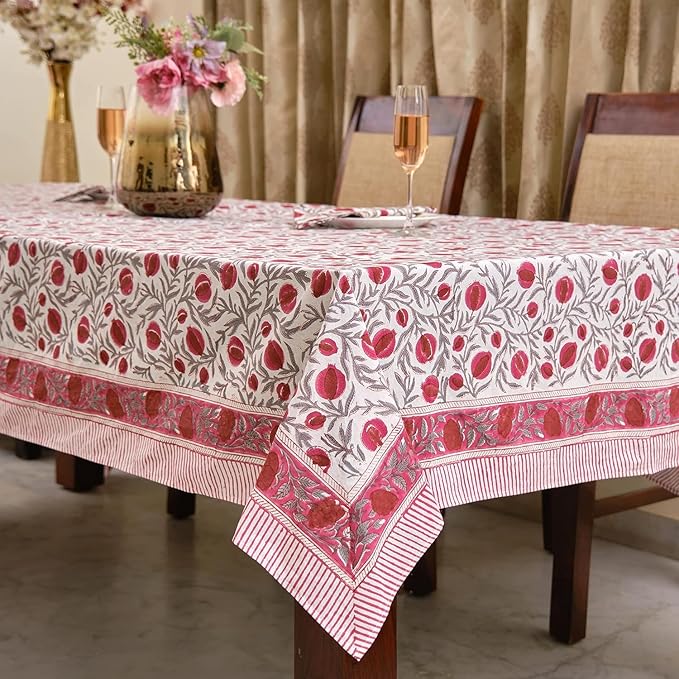Ridhi -Sangria Red Cotton Tablecloth, Handblock Print Floral Table Cloth for Kitchen Dining Linen I Thanksgiving, Christmas, Wedding, Fall Décor 4 Seater 60x60 Inches Square