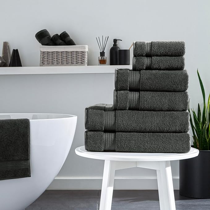 Ozdilek 6-Piece Bath Towel Set, 2 Bath, 2 Hand, 2 Wash, 100% Cotton Turkish Towels, 2 Bath Towels (30x60/550 GSM), 2 Hand Towels (16x30/575 GSM), 2 Washcloths (13x13/600 GSM) (Anthracite Gray)