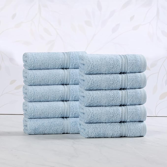 Superior Egyptian Cotton 10-Piece Face Towel Set , Small Towels For Facial, Spa, Quick Dry, Absorbent Towels, Bathroom Accessories, Guest Bath, Home Essentials, Washcloth, Airbnb, Light Blue