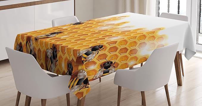 Ambesonne Nature Tablecloth, Honey Bees Wax Abstract Insect of Spring Season Artwork Image, Dining Room Kitchen Rectangular Table Cover, 52" X 70", Marigold Apricot