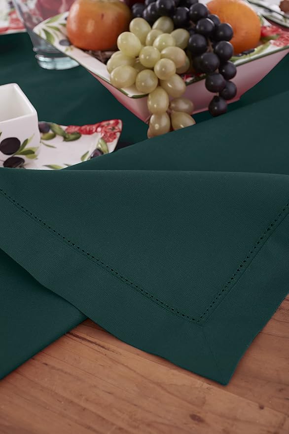 Solino Home Cotton Linen Tablecloth 58 x 120 Inch - Hemstitch Dark Green Table Cloth for Rectangle Tables - Machine Washable Tablecloth for Winter, New Year