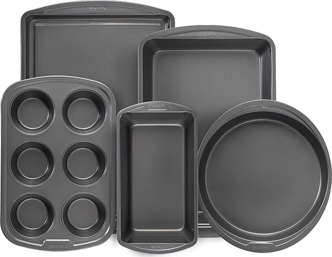 GoodCook Everyday Nonstick Steel 5-Piece Bakeware Set, Gray, Includes Cookie Sheet, Cake Pan, Loaf Pan, Muffin Pan, and Roast Pan, Durable and Scratch-Resistant Baking Set