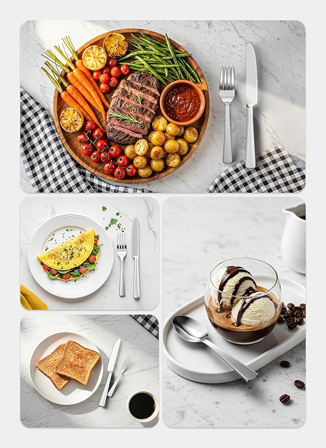 20-Piece Flatware Sets, Silverware Set for 4, Durable Stainless Steel Tableware in Ergonomic Design Size and Weight, Kitchen Utensils Set with Steak Knives, Rust-proof, Dishwasher Safe