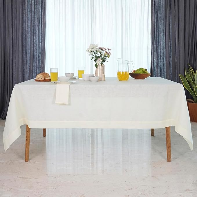 D'Moksha Homes Linen Ivory Tablecloth 60 x 90 Inch - 100% Pure Linen Rectangular Tablecloth - Machine Washable Table Cloth for Winter, Holiday, New Year