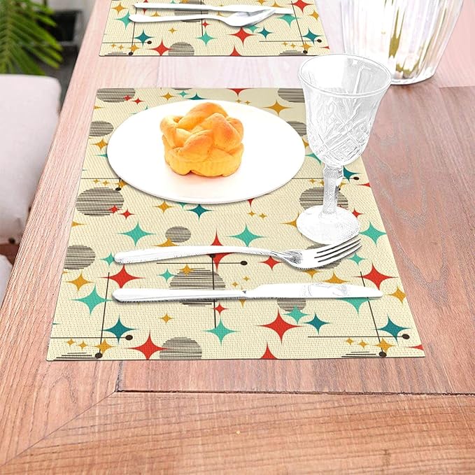 Mid Century Modern Atomic Retro Placemats Set of 4, Yellow Table Mats Heat Resistant Washable Placemat for Kitchen Dining Table Holiday Home Decor Linen Place Mats 12x18 Inch