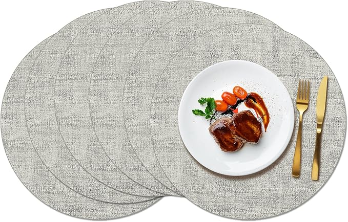 Maxpearl Round Placemats Set of 6, 13.8 inch Faux Leather Heat Resistant Table Mats, Non Slip Waterproof Wipeable Place Mats for Kitchen Dining Holiday Party Table Settings, Grey