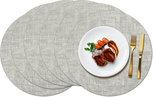 Maxpearl Round Placemats Set of 6, 13.8 inch Faux Leather Heat Resistant Table Mats, Non Slip Waterproof Wipeable Place Mats for Kitchen Dining Holiday Party Table Settings, Grey