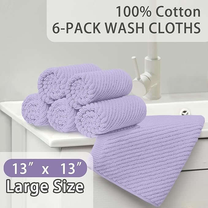 Washcloths for Showering, 6PC Large 13"x13" - Lightweight | Quick Dry | Soft | Absorbent, Thick Cotton Washcloths for Face, Purple Hand Towel Set, Lavender Face Towel for Hotel, Bathroom Essentials