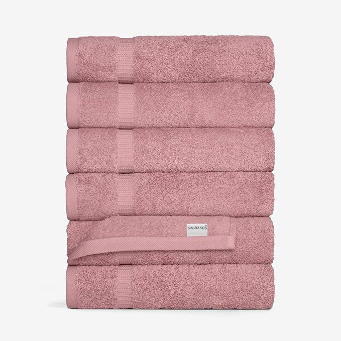 SALBAKOS 100% Turkish Cotton Hand Towel Set of 6 16x30 inch | Heirloom Quality | Hotel & Spa Collection | Ultra Soft, Super Absorbent, Long Lasting Hand Towels | Made in Turkey (Rose, 6 Hand Towels)