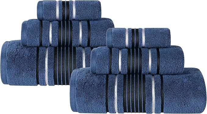 Superior Cotton 6 Piece Towel Set, 2 Bath, 2 Hand, 2 Washcloth/Face Towels, Quick Dry, Home Essentials, Shower, Spa, Luxury Plush Soft Absorbent Towels, Zero-Twist, Solid, Sadie Collection, Navy Blue
