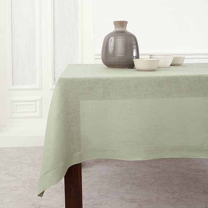 Solino Home Linen Tablecloth for Rectangle Tables 60 x 90 Inch - Classic Hemstitch 100% Pure Linen Sage Green Table Cloth - Machine Washable Cloth Tablecloth for New Year