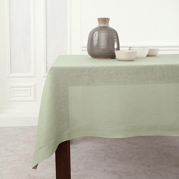 Solino Home Linen Sage Green Tablecloth 60 x 144 Inch - Classic Hemstitch, 100% Pure Linen Rectangular Tablecloth - Machine Washable Table Cloth for Winter, New Year