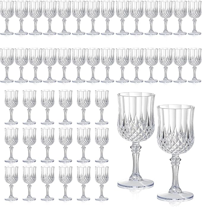 XUWAIDSGN 48 Pcs 7oz Plastic Vintage Wine Glasses Drinking Glasses Unbreakable Wedding Glassware Crystal Water Goblets Reusable Drinkware Vintage Champagne Flutes (48, Clear)