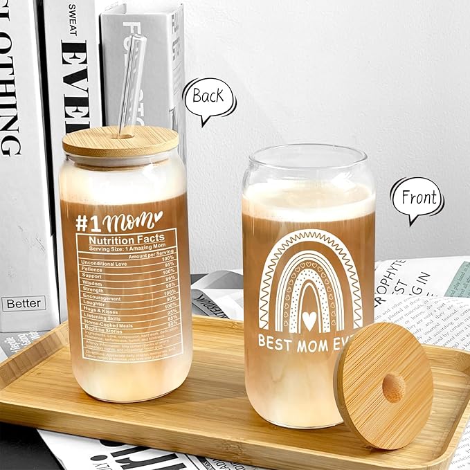 Mason Life Gift for Mom, Birthday Gifts for Mom, Mum Gifts for Women, Cute Glass Cups with Lids and Straw, Birthday Anniversary Present for Mommy from Daughter Son