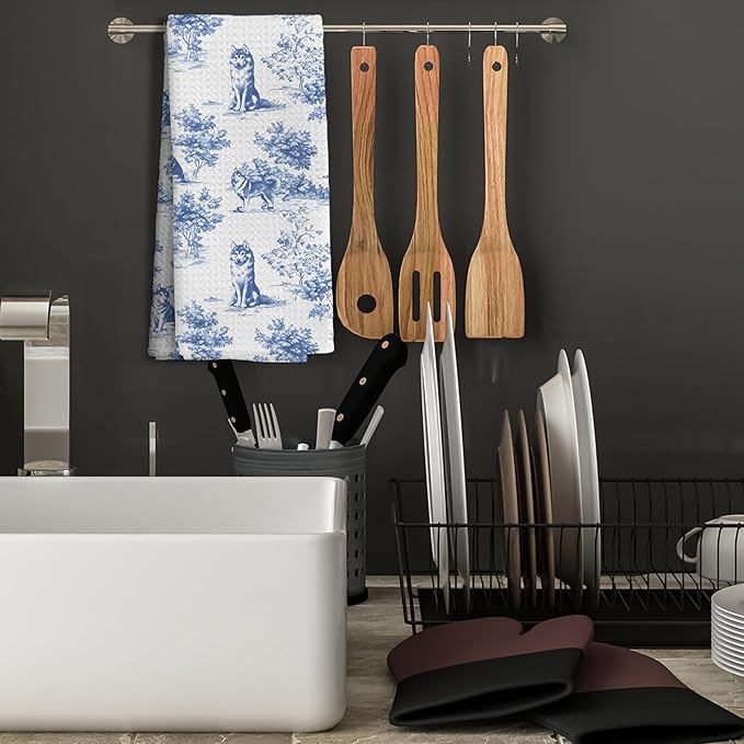 Chinoiserie Husky Dog Kitchen Towels,Blue and White Floral Botanical Husky Grandmillennial Weiner Dog Decorative Hand Towels for Kitchen Bathroom,16x24 Inch