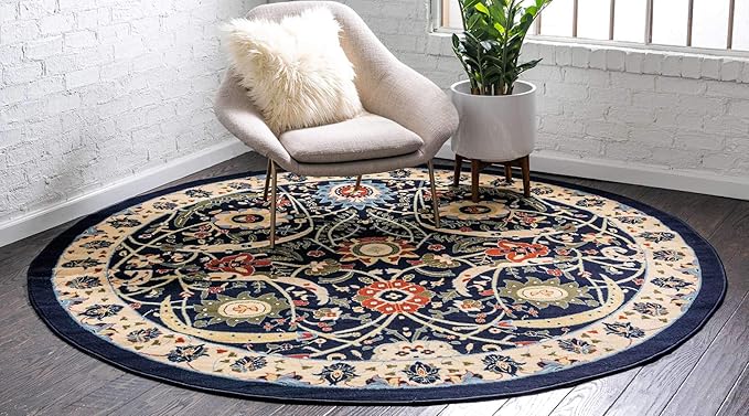 Unique Loom Espahan Collection Area Rug - Cape Cod (7' 10" Round, Navy Blue/ Black)
