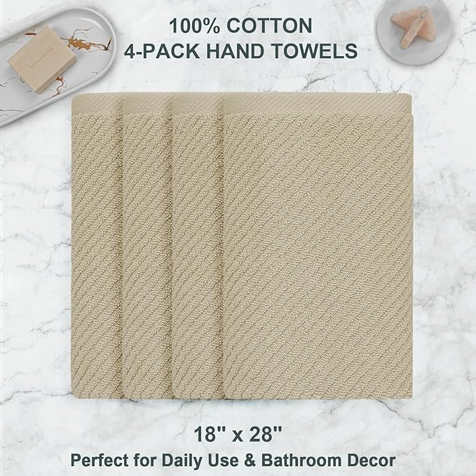 Beige Hand Towels, Hand Towels for Bathroom Set of 4, Large 18"x 28" - 100% Cotton | Lightweight | Thick | Quick Dry | Soft | Absorbent, Luxury Towel Set, Bathroom Essentials, Dark Beige