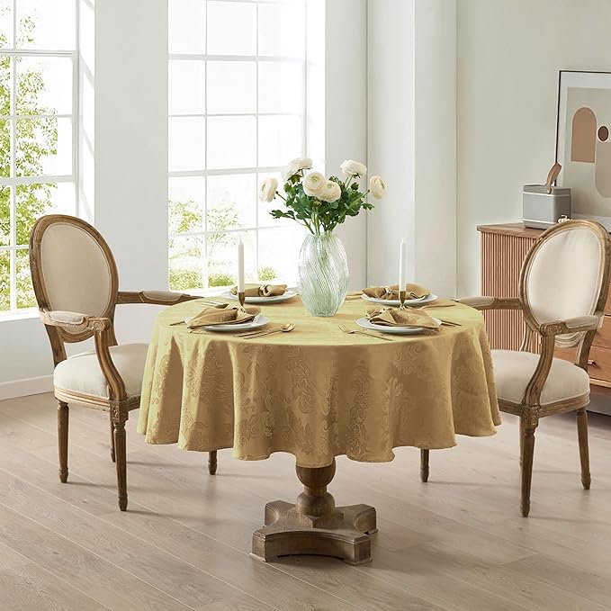 Newbridge Christmas Barcelona Damask Fabric Tablecloth, 70 Inch Round, Gold – No Iron, Soil Resistant Table Cover for Dining, Parties and Holidays