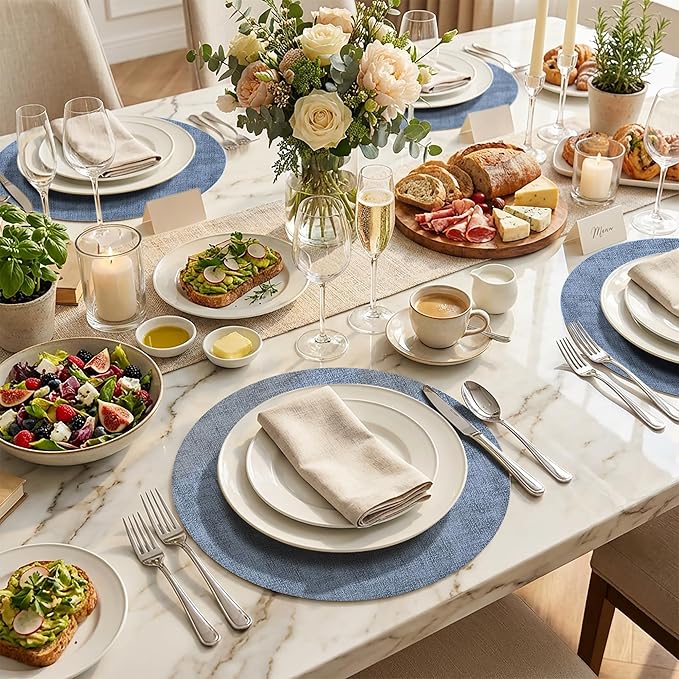 15 inch Faux Leather Round Placemats Set of 4 Non-Slip Washable Wipeable Table Mats, Heat Resistant Waterproof Oilproof Place Mats for Kitchen, Dining, Party, Indoor, Outdoor Blue