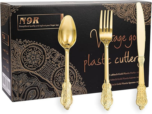 N9R 300pcs Gold Plastic Silverware Dinnerware Flatware- Heavyweight Plastic Cutlery Set, 100 Forks, 100 Spoons, 100 Knives, Gold Utensils for Party, Thanksgiving, Christmas