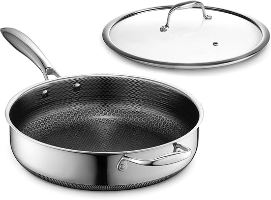 HexClad Hybrid Nonstick 4.5-Quart Deep Sauté Pan with Tempered Glass Lid, Stay-Cool Handle, Dishwasher-Friendly, Oven-Safe Up to 900°F, Induction Ready, Compatible with All Cooktops