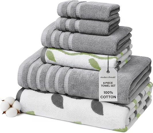 Modern Threads Organic Vines 6-Piece 100% Cotton Towel Set – Yarn Dyed Jacquard & Solid – Includes 2 Bath Towels, 2 Hand Towels, 2 Washcloths – Absorbent, Quick Dry, Soft & Durable – Gray