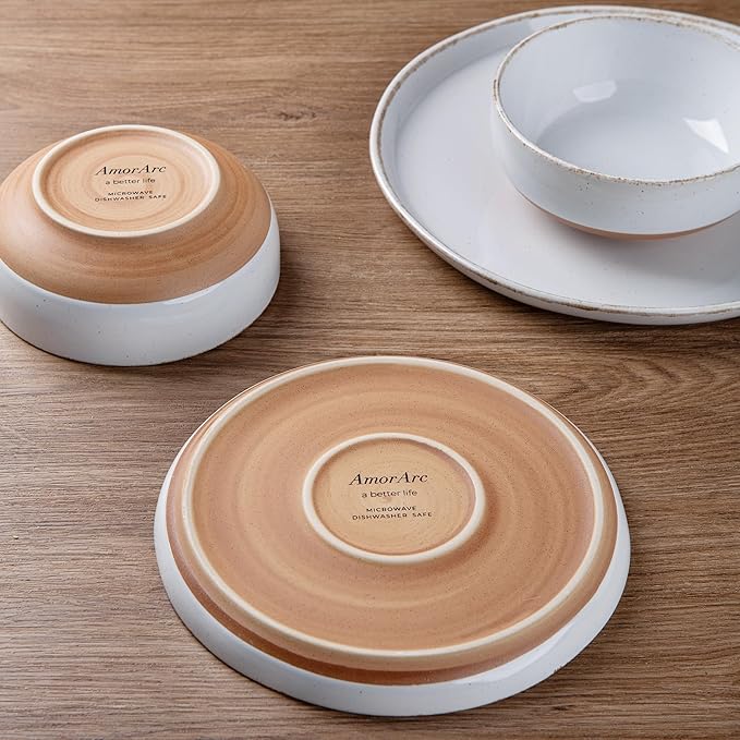 AmorArc Ceramic Dinnerware Sets with Pasta Bowls for 8, Handpainted Plates and Bowls Set with Rustic Terracotta Underside, Scratch Resistant Dishes Set, Dishwasher & Microwave Safe, 32 Pcs-White