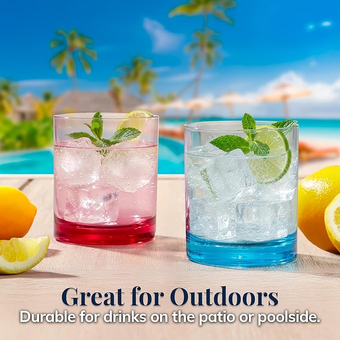 US Acrylic Classic Plastic Reusable Drinking Glasses (Set of 6) 12oz Rocks Cups Assorted Colors | BPA-Free Tumblers, Made in USA | Top-Rack Dishwasher Safe