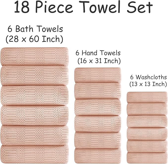18 Pcs Pink Woven Family Towels Set-6 Bath Sheets,6 Hand Towels,6 Washcloths Soft Polyester Towels Absorbent Shower Towel Quick Dry Beach Chair Towel Lint Less Towels Set for Bathroom Spa Gym Hotel