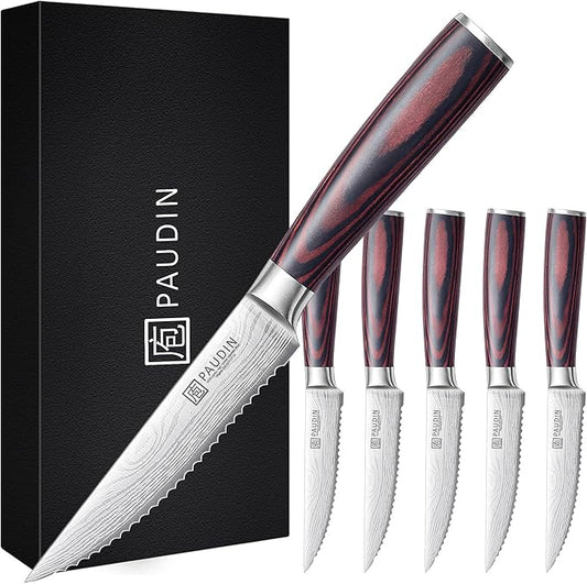 PAUDIN Steak Knives Set of 6, Kitchen Steak Knife 4.5 Inch, High Carbon Stainless Steel Steak Knives, Serrated Steak Knife with Pakkawood Handle, Dinner Knives with Gift Box