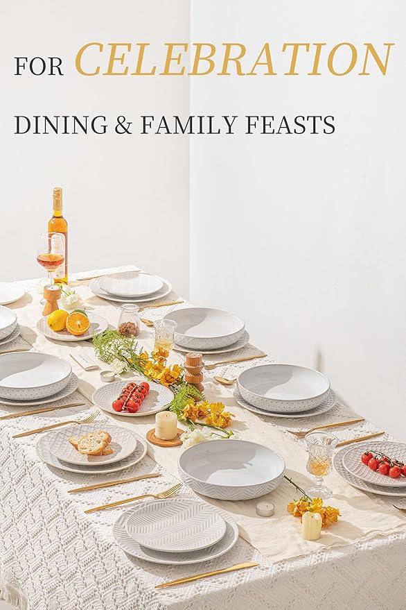 24-Piece Embossed Ceramic Dinnerware Set–8 Dinner Plates, 8 Salad Plates, 8 Pasta Bowls,Elegant & Durable Tableware for Large Families, Dishwasher & Microwave Safe