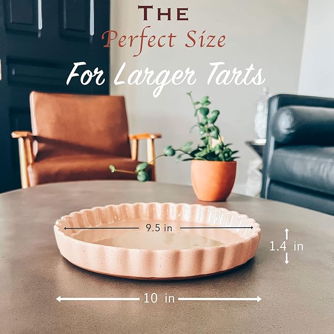 MORA Ceramic Tart Pan, 9.5 Inch Large Porcelain Baking Dish for Tarts, Quiche, Pie, Flan etc. Fluted Ruffled Edge, Oven, Microwave, Freezer, and Dishwasher safe - Great Gift For Bakers - Chai