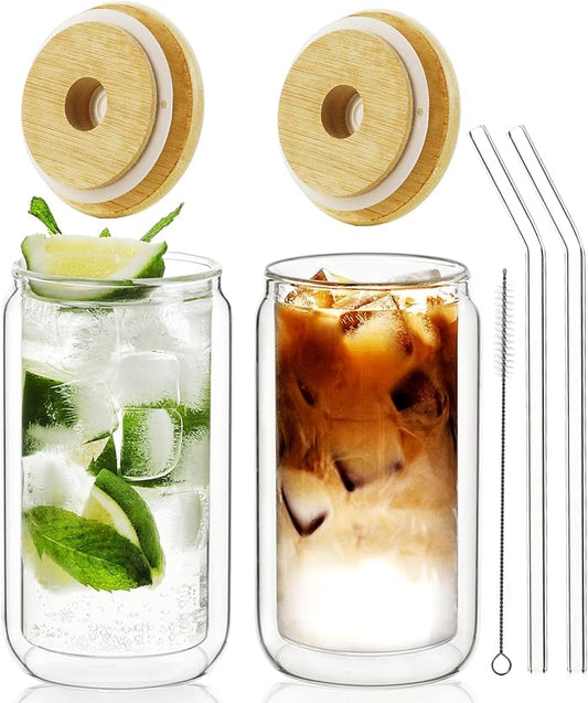 LIBWYS 12oz Double Wall Drinking Glass Cups with Bamboo Lids and Straws, 2 Pc Set – Condensation Resistant Insulated Glass Can Tumblers for Cold Drinks, Iced Coffee, Tea, Juice, Cleaning Brush