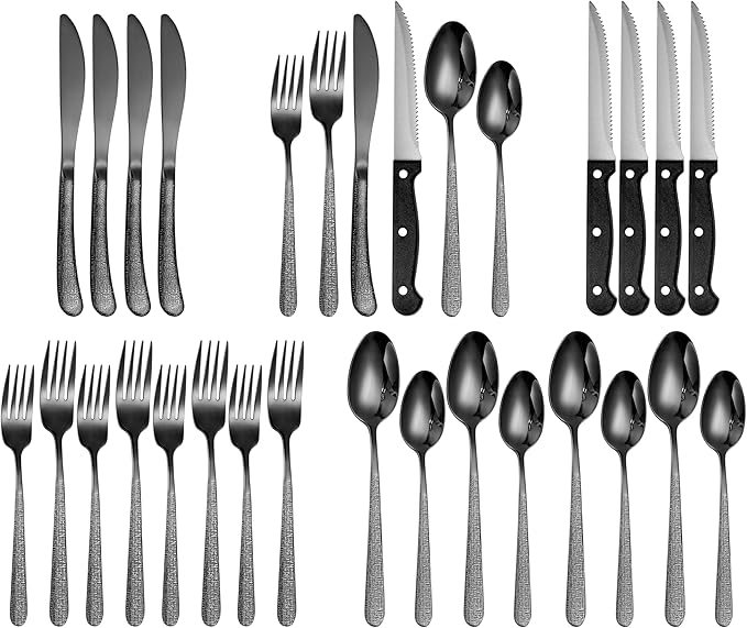 Drill Pattern Cutlery Set, 24-Piece Black Silverware Set With Steak Knives, Black Flatware Set For 4, Food-Grade Stainless Steel Set, Dishwasher Safe, Elegant Home Tableware and Dining Utensils