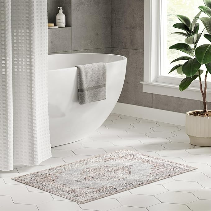 Easy-Going Boho Area Rug 3x5 Entryway Rug Washable Inside Door Mats for Home Entrance Non-Slip Vintage Distressed Small Rugs for Entry Living Room Kitchen Bathroom Lightweight Carpet, Grey Brick