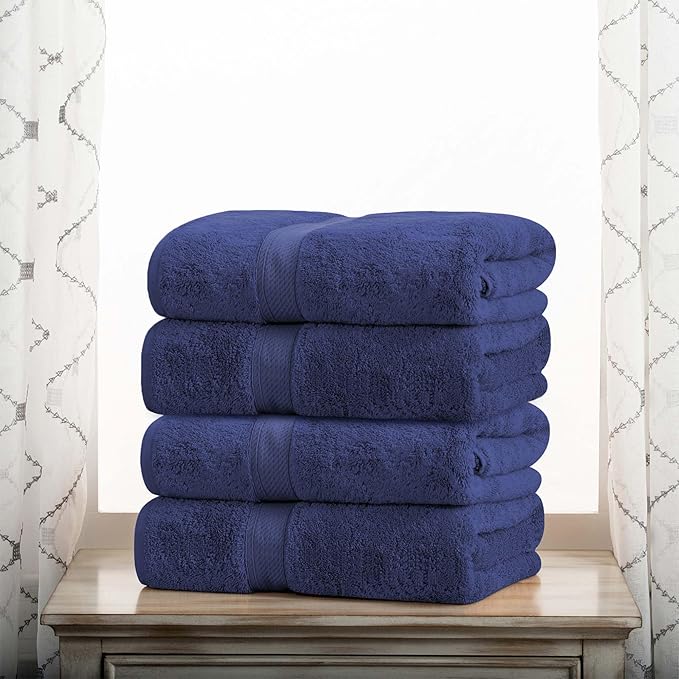 Superior Egyptian Cotton Pile Bath Towel Set of 4, Ultra Soft Luxury Towels, Thick Plush Essentials, Absorbent Heavyweight, Guest Bath, Hotel, Spa, Home Bathroom, Shower Basics, Navy Blue