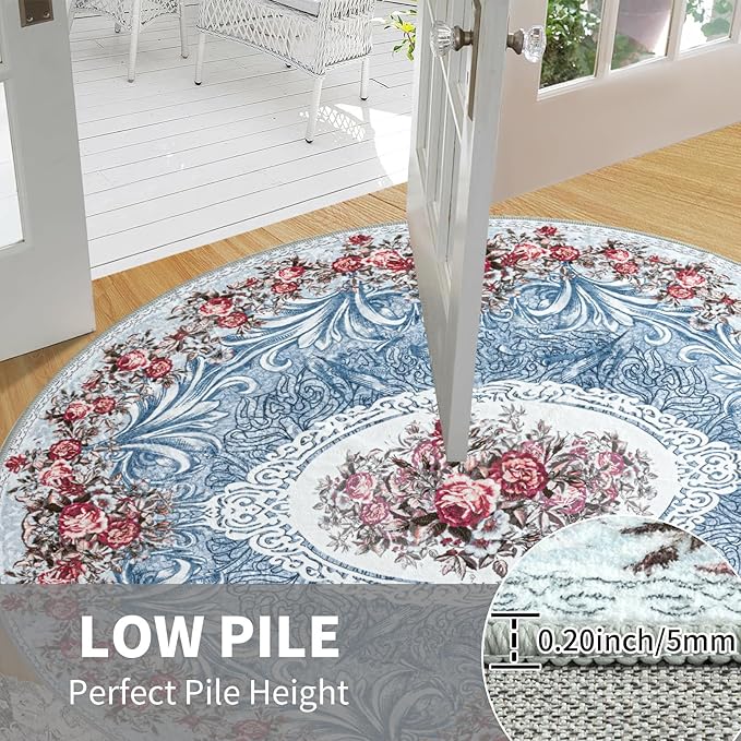 Easy-Going Round Rug 6ft Area Rug Washable Floral Circle Rugs for Living Room Non-Slip Bedroom Rug Low Pile Lightweight Retro Flowers Throw Rug for Dining Room Kitchen Home Home Office, Teal Red