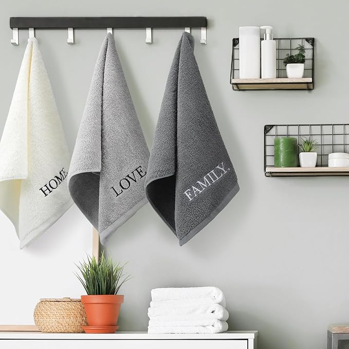 3 Pcs Farmhouse Decorative Hand Towels for Bathroom and Kitchen Rustic Embroidered 100% Cotton Hand Towels Decorative Set for Boho Bathroom Decor (Gray,Home Love Family)