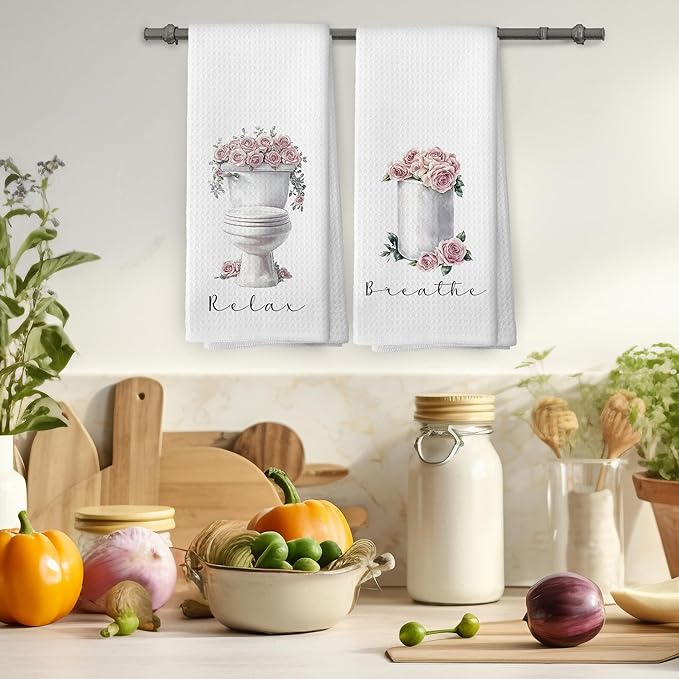 Rose Floral Bathroom Hand Towels, Cottagecore Floral Hand Towel for Bathroom Decor, Relax Breathe Farmhouse Flower Botanical Decorative Towels for Washroom Toilet 16x24 Inch Set of 2