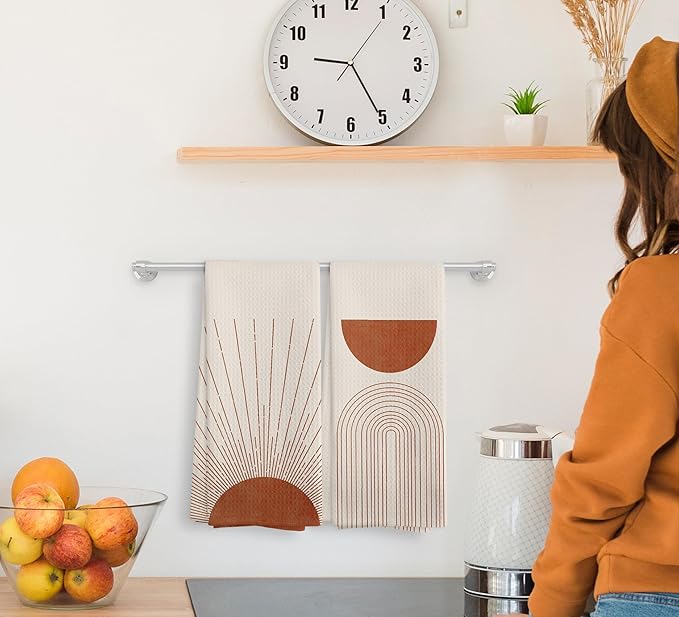 Bohemian Orange Fall Abstract Sunrise Kitchen Towels and Dishcloths Set of 2, Bohemian Sun Decorative Towels, Fall Moon Line Drying Cloth Hand Towels for Bathroom Kitchen Decor, 16×24 Inches