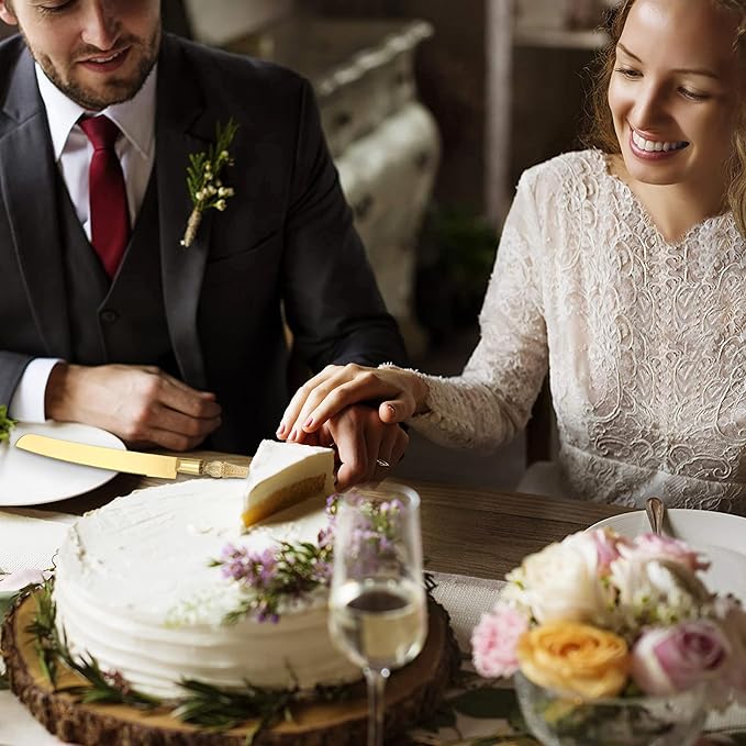 Wedding Cake Knife and Server Set, Cake Cutter and Pie Spatula, Cake Server and Knife Set of 2 with Plastic Handles, Titanium Gold Plated Blades, Cutting Set for Birthdays, and Parties (Glitter Gold)