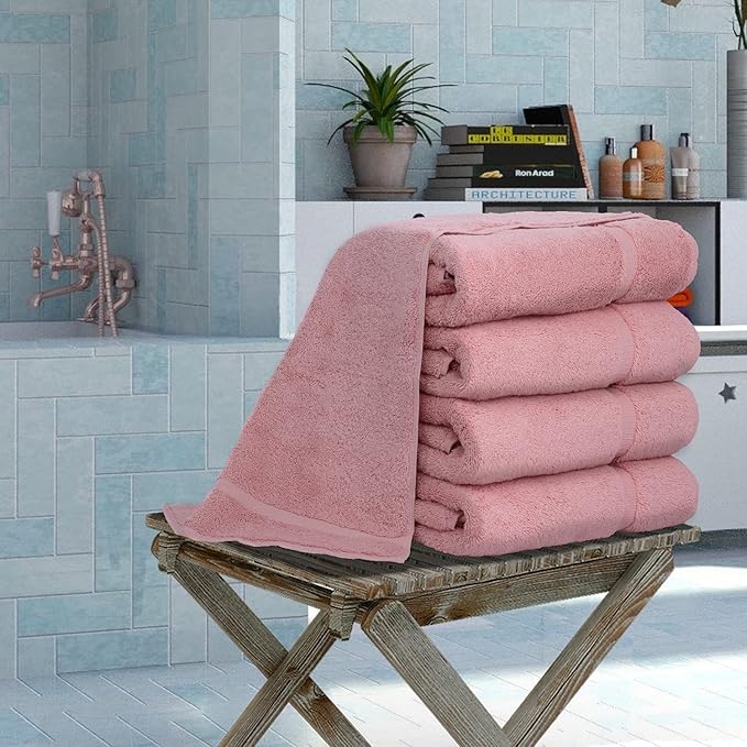 Luxury Hotel & Spa Collection Highly Absorbent, Quick Dry 100% Turkish Cotton 700 GSM, Eco Friendly Towel, for Bathroom Dobby Border Soft Bath Towel Set 27 X 54 -Pink, Bath Towels - Set of 4