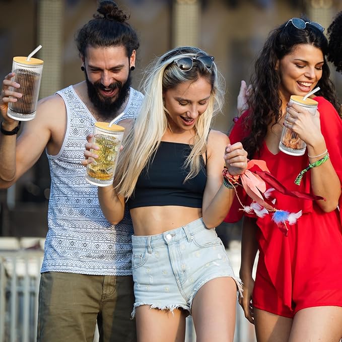 15 Oz Glass Cups with Straws, Vintage Glassware for Whiskey Cocktail Beer, Iced Coffee Cups and Drinking Glassare (4 PACK)