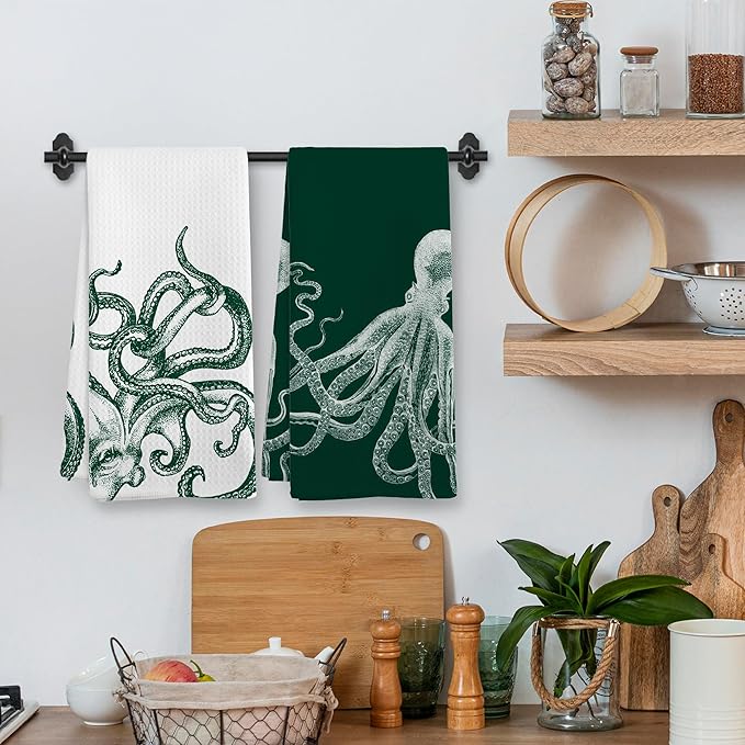 Coastal Octopus Decor Dish Hand Tea Towels for Bathroom Kitchen, Octopus Gothic Witchy Bathroom Decor, Oddities and Curiosities, Dark Green Kitchen Towels and Dishcloths Sets of 2, 16x24 Inch