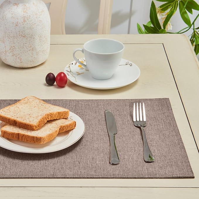 Cloth Place Mats Set of 8–Reusable Rectangular Waterproof Fabric Polyester Washable Wipeable Heat Resistant Linen for Kitchen Dining Dinner Restaurant Wedding Table(Mocha/13x19 Inch)