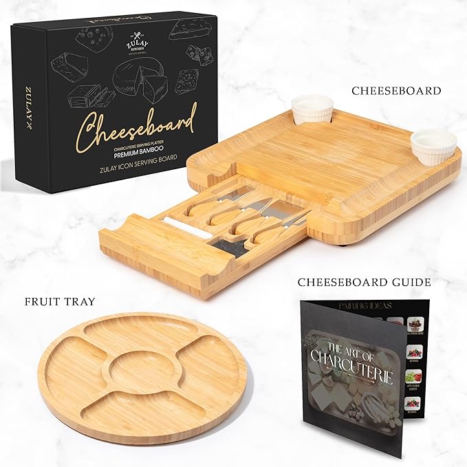 Zulay Kitchen Premium Bamboo Charcuterie Board - Extra Thick Bamboo Board with 4 Piece Knife Set - Perfect for Charcuterie, Wine and Cheese